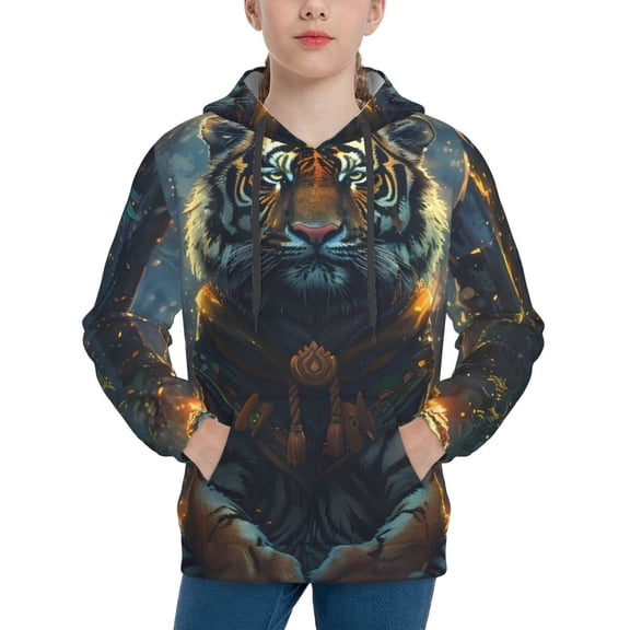 Picia Forest Meditating Tiger Pattern Youth Hoodie - Warm Pullover Sweatshirt with Kangaroo Pocket, Ideal for Boys and Girls-Medium