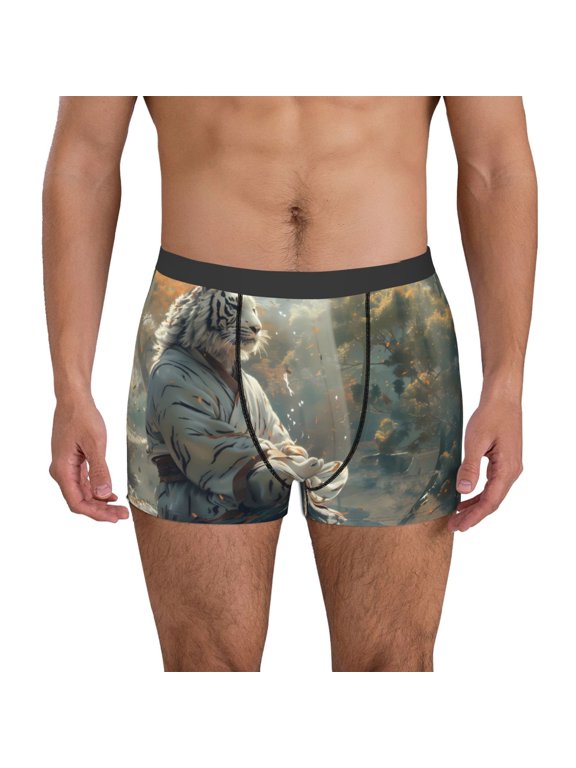 Forest Meditating White Tiger Pattern Men’s Boxer Briefs – Soft & Breathable Underwear, Stretchy & Comfortable Fit, Supportive Pouch Design, Moisture-Wicking-Large