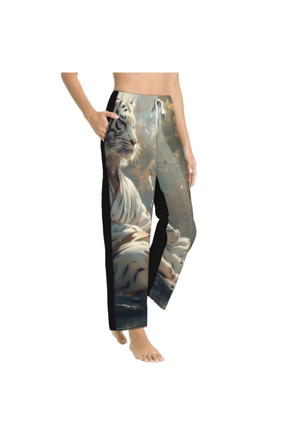 Forest Meditating White Tiger Womens Soft Woven Cotton Elastic Waistband Sleep Pajama Pant Lounge Sleep Pant With Pockets And Drawstring-Small