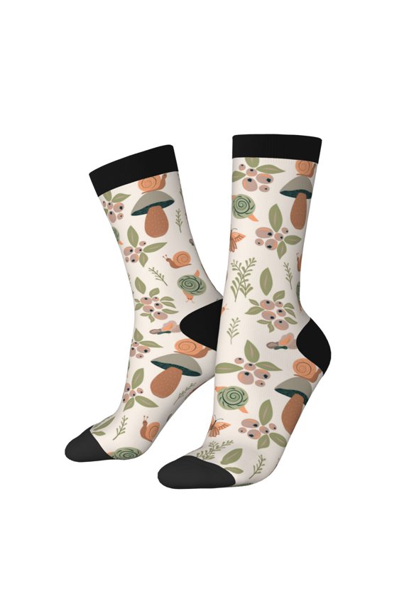 Forest Mushrooms Insects Print Athletic Socks for Men & Women – Cushioned Moisture-Wicking Crew Socks for Sports, Running, and Training, Soft & Breathable Size 5-11