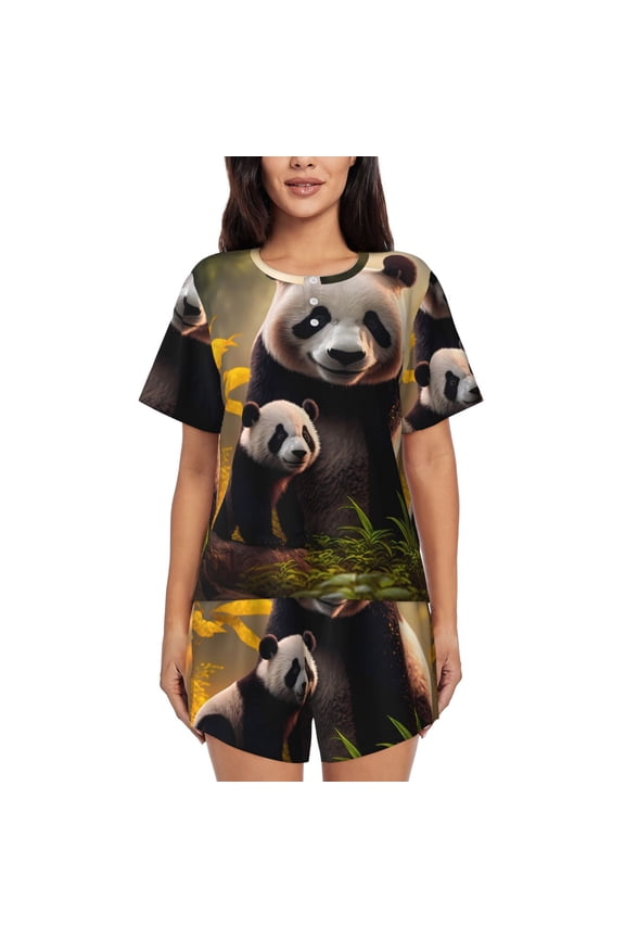 Forest Panda Pajamas Sets for Women Soft Short-Sleeved Pjs with Lounge Shorts Two Piece Sleepwear-XX-Large