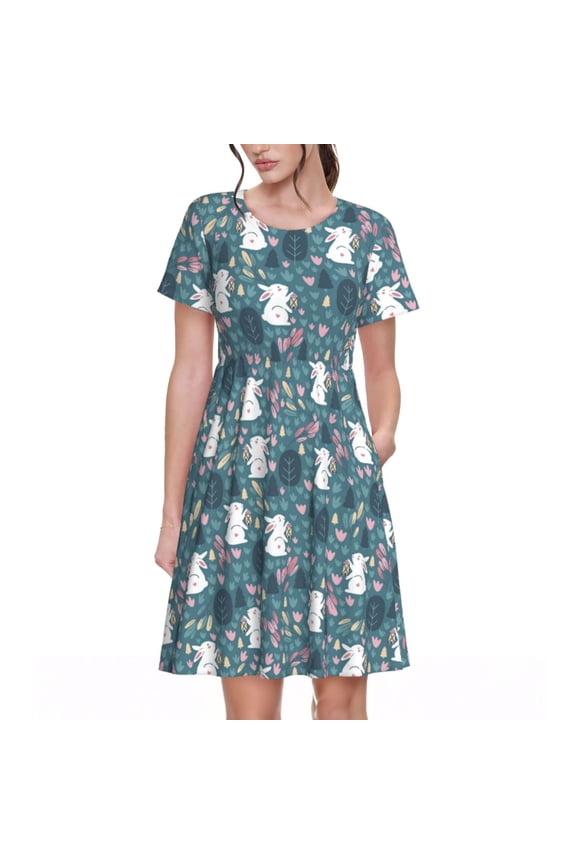 Forest Rabbit Pattern Women's Short Sleeve Summer Dress Pleated Loose Swing Knee Length Short Sleeve Swing Dresses