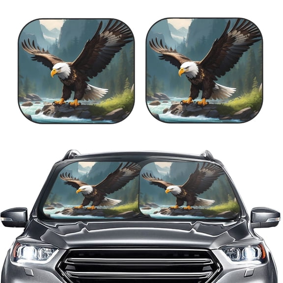 Picia Forest River Bald Eagle 2 Piece Car Windshield Sun Shade Foldable | Foldable Sun Shield for Front Window Blocks UV Rays and Keeps Your Vehicle Cool-Small