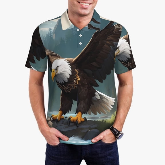 Picia Forest River Bald Eagle Print Men's Polo Shirt, Two-Button Closure Pique Polo Shirt, Summer Fashion Golf Shirt-X-Large