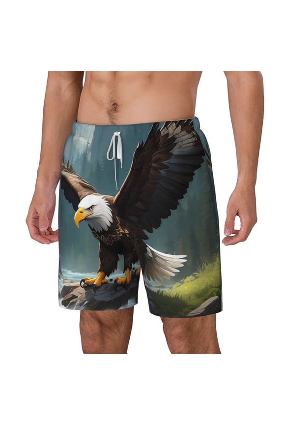 Forest River Bald Eagle pattern Mens Swim Trunks with Compression Liner Stretch Beach Shorts Quick Dry with Zipper Pockets No-Chafing Board Shorts-Large