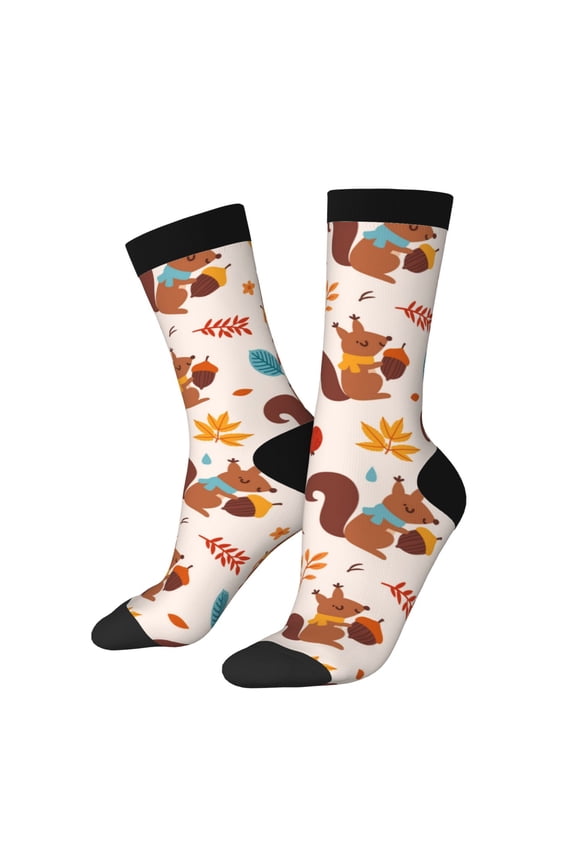 Forest Squirrel Nuts Print Athletic Socks for Men & Women – Cushioned Moisture-Wicking Crew Socks for Sports, Running, and Training, Soft & Breathable Size 5-11