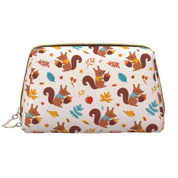 Picia Forest Squirrel Nuts Print Leather Makeup Bag Make Up Bag Travel Toiletry Bag for Her Girlfriend Teacher Teen Girl Gifts