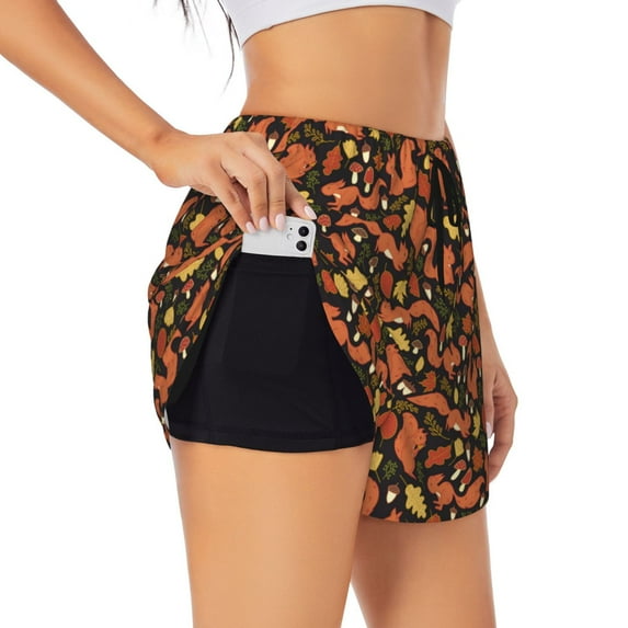 Picia Forest Squirrel Pattern Women's 2 in 1 Athletic Running Shorts High Waisted Workout Casual Gym Sweat Shorts with Comfy Liner Zipper Pockets-XX-Large