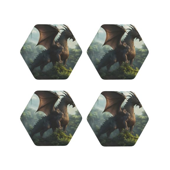 Picia Forest Stone-Colored Dragon Printed Leather Coasters for Drinks, 4" Drink Coasters Set of 4 for Tabletop Protection, Handmade Luxurious Home Décor and Housewarming Gift -Hexagon