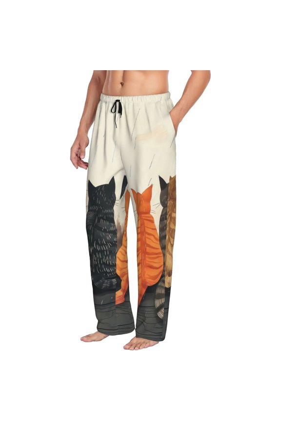 Four Cats Watching Rain Mens Soft Woven Cotton Elastic Waistband Sleep Pajama Pant Lounge Sleep Pant With Pockets And Drawstring-Medium