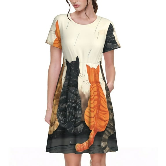 Picia Four Cats Watching Rain Pattern Women's Short Sleeve Summer Dress Pleated Loose Swing Knee Length Short Sleeve Swing Dresses