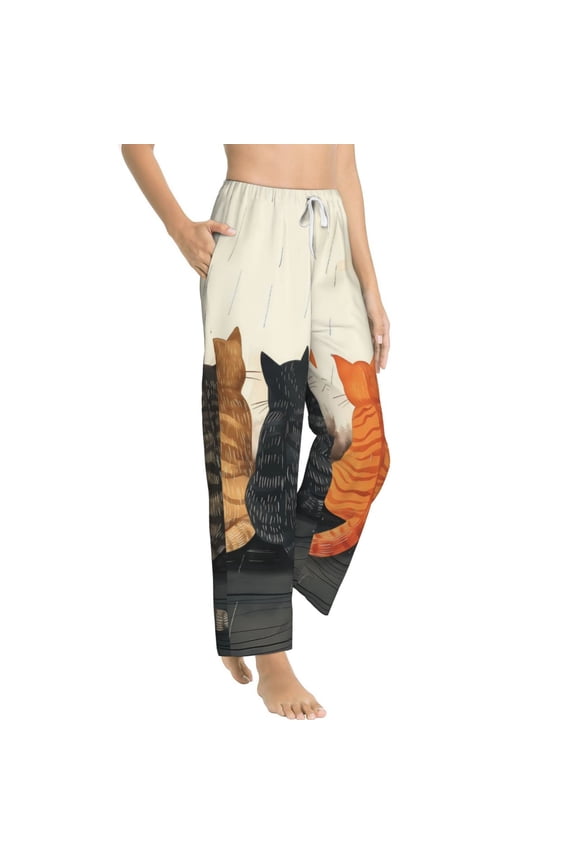 Four Cats Watching Rain Womens Soft Woven Cotton Elastic Waistband Sleep Pajama Pant Lounge Sleep Pant With Pockets And Drawstring-Small