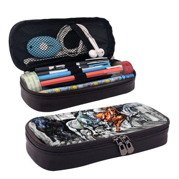 Picia Four Running Horses Pattern Large Capacity PU Leather Pencil Case Organizer Pen Marker Holder Double Zipper Storage Bag Big Pencil Pouch for College Office