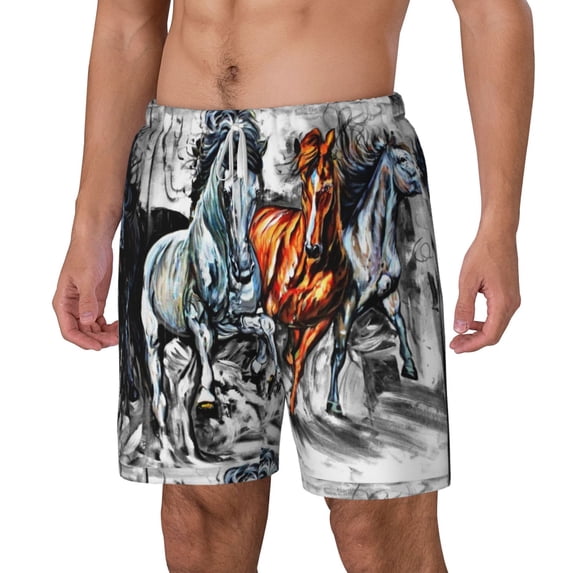 Picia Four Running Horses pattern Mens Swim Trunks with Compression Liner Stretch Beach Shorts Quick Dry with Zipper Pockets No-Chafing Board Shorts-X-Large