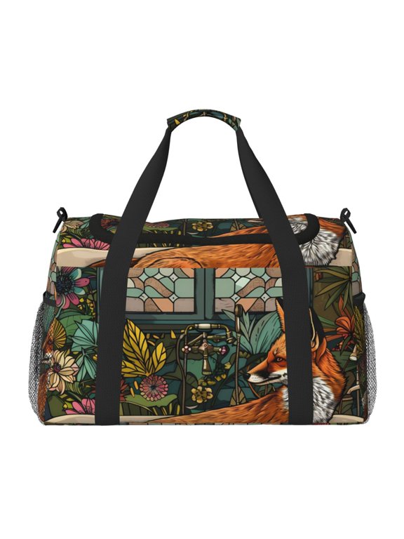Fox Bathtub Floral Art Print Travel Duffle Bag,Weekender Bags for Women with Shoe Compartment, Gym Duffel Bag with Wet Pocket, Hospital Bags for Labor and Delivery