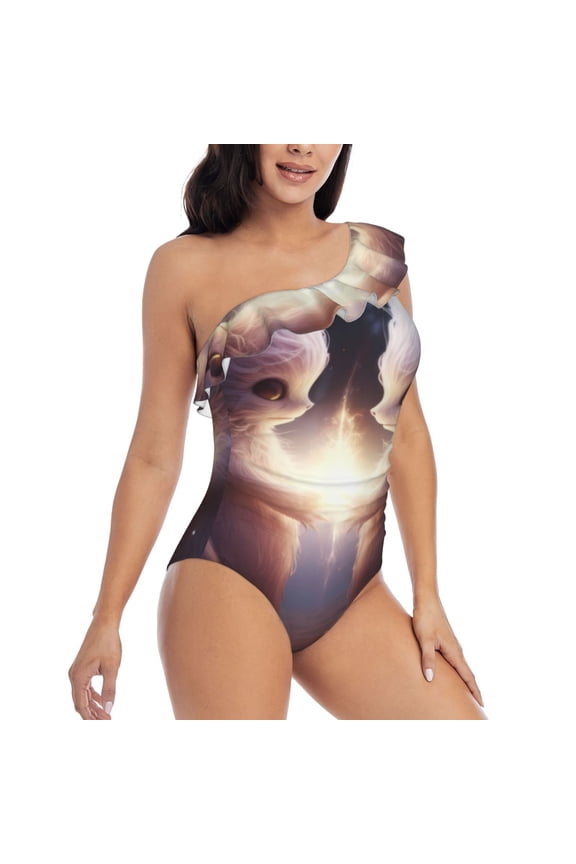 Fox Couple Pattern Women's One Piece Swimsuits,One Shoulder Swimwear Asymmetric ,Ruffle Monokinis Bathing Suits,High Waisted Flattering Bathing Suits-Medium