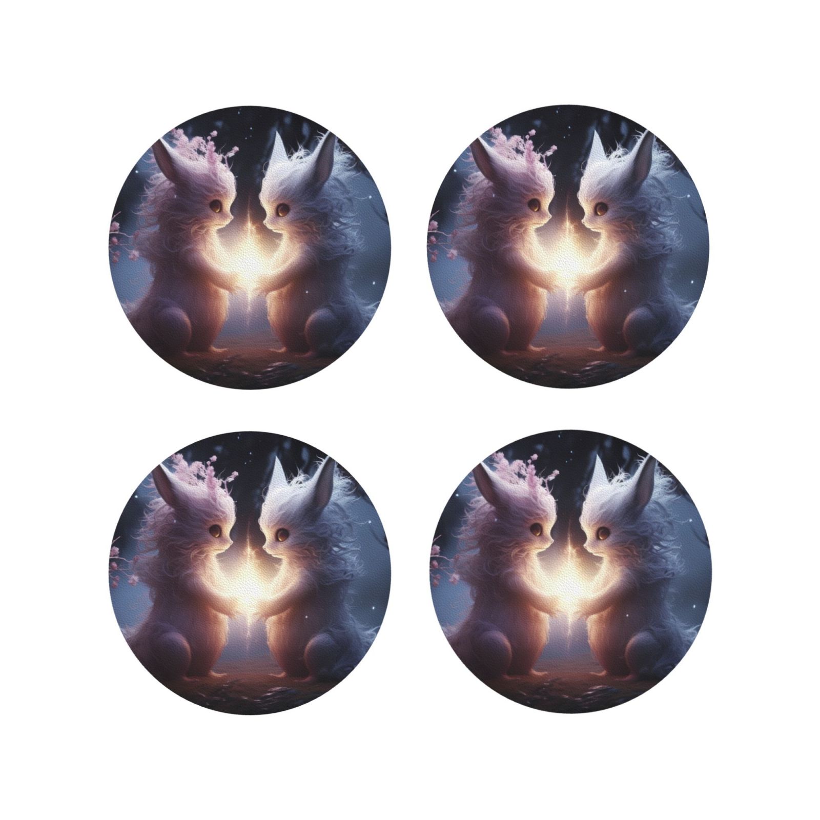 Picia Fox Couple Printed Leather Coasters for Drinks, 4