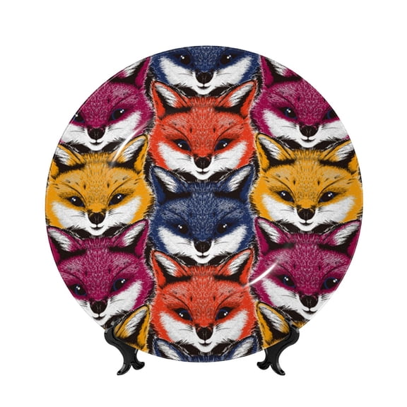 Picia Fox Face Pattern Bone China Decorative Plate – Wall Decor with Stand and Adhesive, Elegant Ornament for Living Room, Office, or Entryway-7in