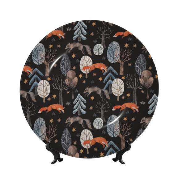 Picia Fox In The Forest Pattern Bone China Decorative Plate – Wall Decor with Stand and Adhesive, Elegant Ornament for Living Room, Office, or Entryway-6in