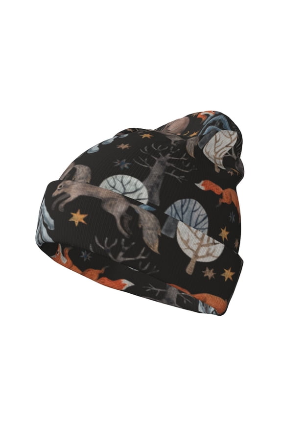 Fox In The Forest Pattern Knitted Beanie Hat for Men and Women , Unisex Winter Warm Stretchy Knit Cap Thick Fisherman Beanies Cuffed Plain Skull Caps