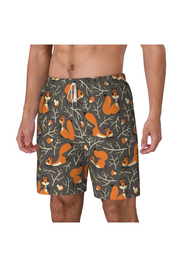 Fox And Mushroom pattern Mens Swim Trunks with Compression Liner Stretch Beach Shorts Quick Dry with Zipper Pockets No-Chafing Board Shorts-Medium