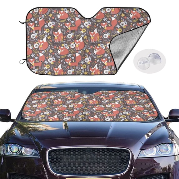Picia Foxes Curved Windshield Sunshade Accordion Folding Style Auto Shade for Car Truck SUV Van Blocks UV Ray Sun Visor Protector -