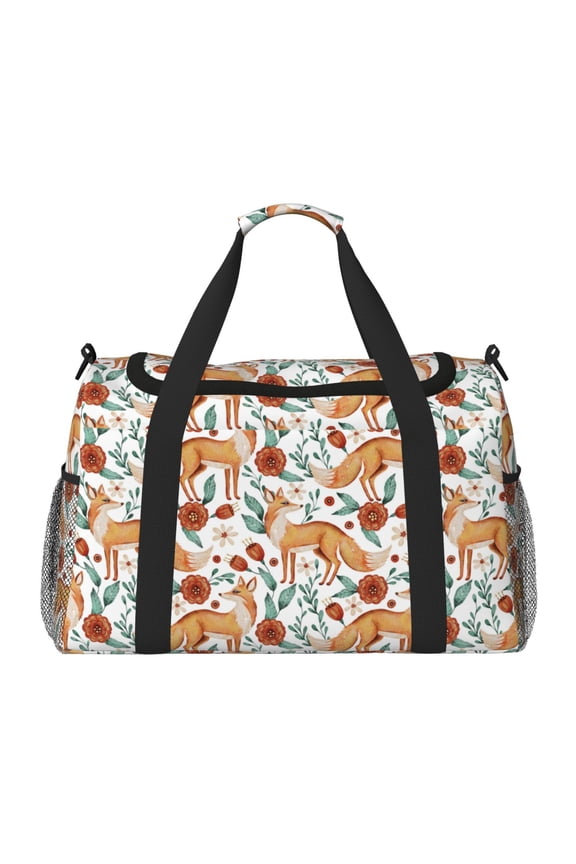 Foxes and Floral Harmony Print Travel Duffle Bag,Weekender Bags for Women with Shoe Compartment, Gym Duffel Bag with Wet Pocket, Hospital Bags for Labor and Delivery