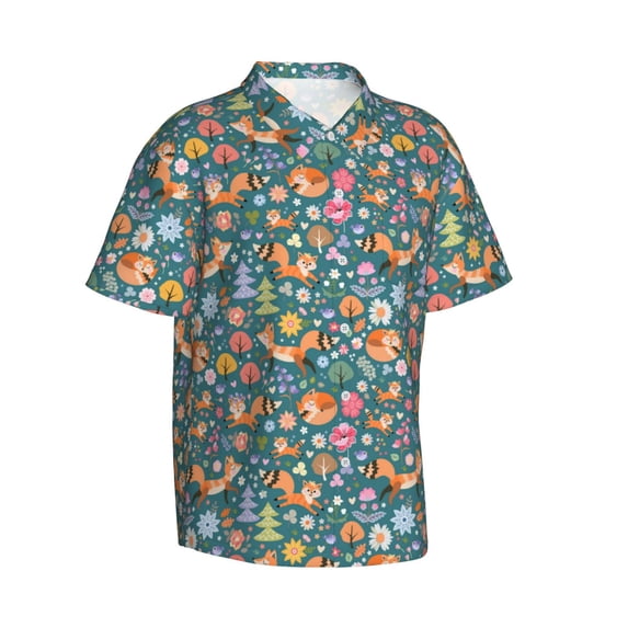 Picia Foxes and Birds in Forest Gentle Cotton Regular Fit Short Sleeve Casual Hawaiian Shirt for Men-Large