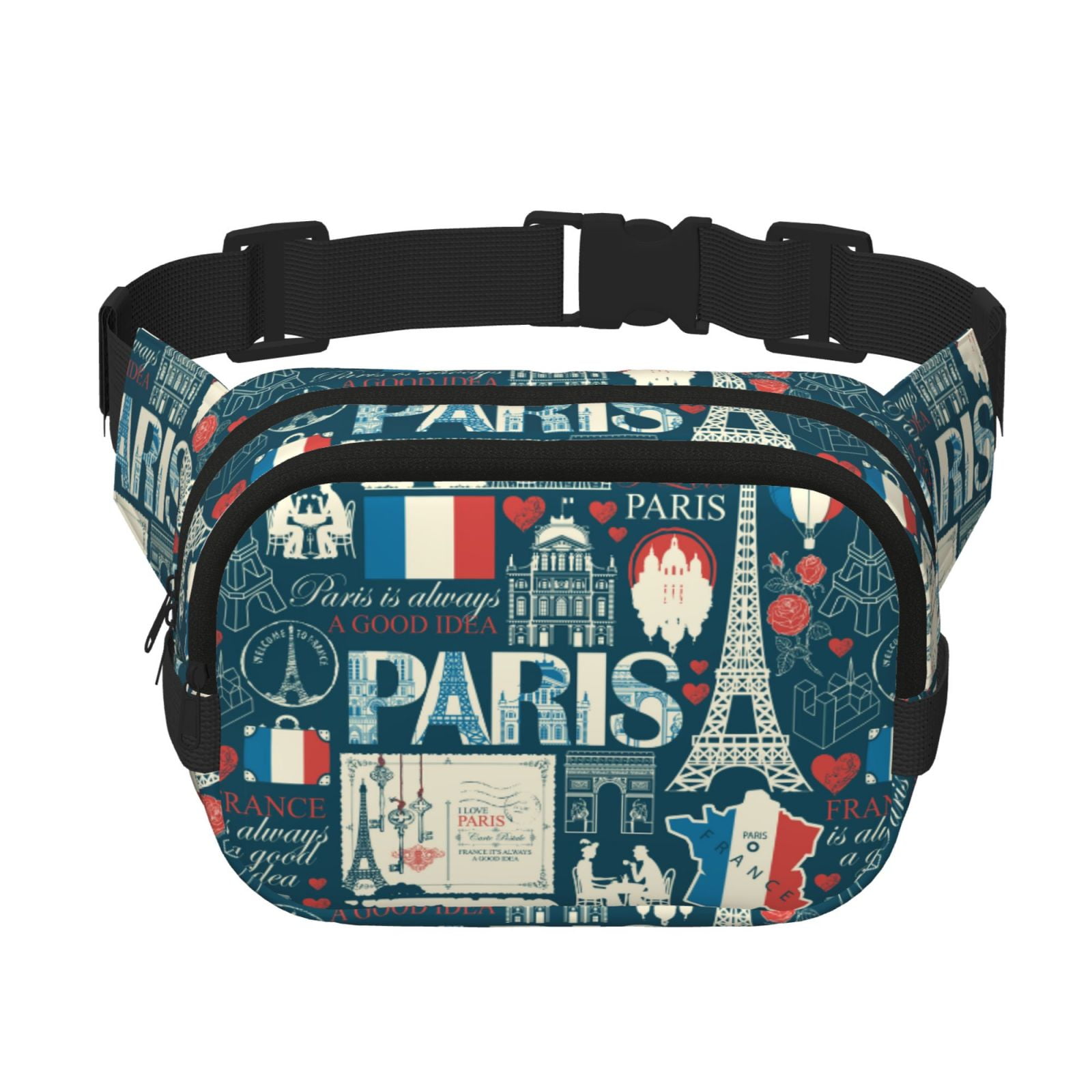 Picia France and Paris Print Square Double-Layer Waist Bag Mini Adjustable Waist Belt Bag Exercise Running Travel Hiking
