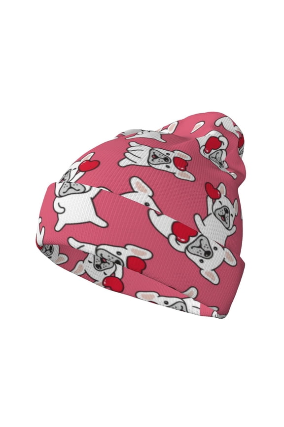 French Bulldog And Heart Pattern Knitted Beanie Hat for Men and Women , Unisex Winter Warm Stretchy Knit Cap Thick Fisherman Beanies Cuffed Plain Skull Caps