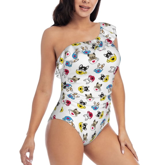 Picia French Bulldog With Coffee Cup Pattern Women's One Piece Swimsuits,One Shoulder Swimwear Asymmetric ,Ruffle Monokinis Bathing Suits,High Waisted Flattering Bathing Suits-XX-Large