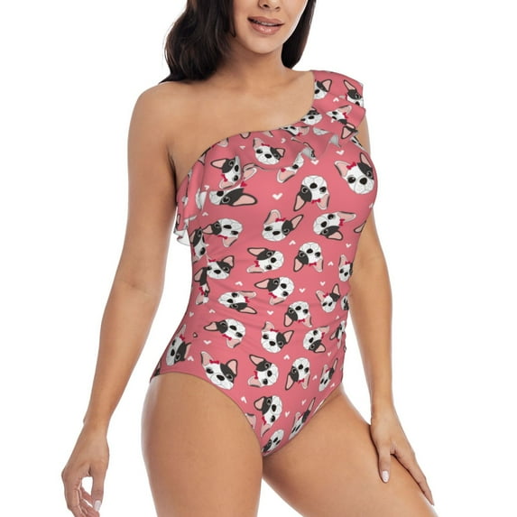 Picia French Bulldog Face Pattern Women's One Piece Swimsuits,One Shoulder Swimwear Asymmetric ,Ruffle Monokinis Bathing Suits,High Waisted Flattering Bathing Suits-Small