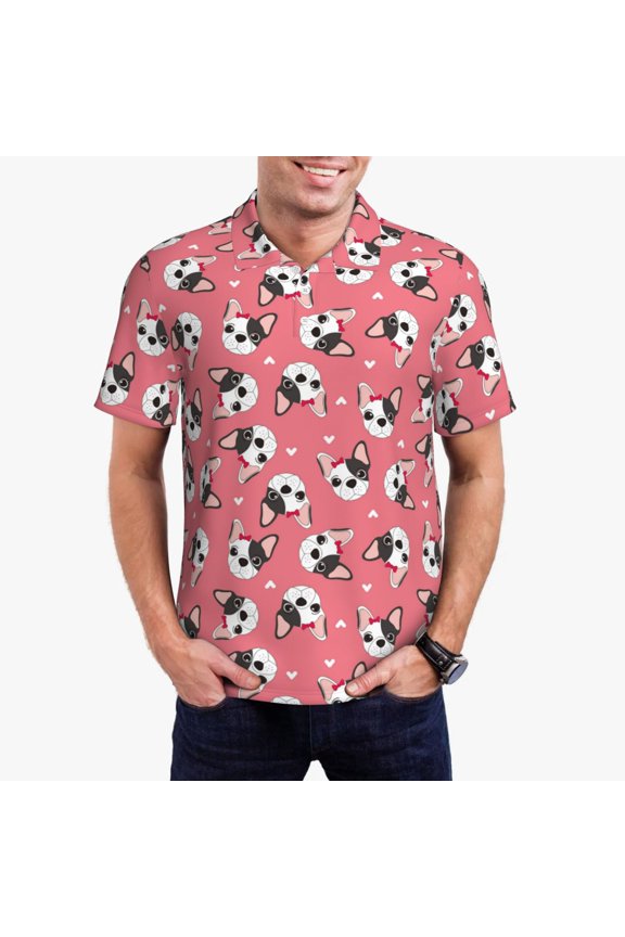 French Bulldog Face Print Men's Polo Shirt, Two-Button Closure Pique Polo Shirt, Summer Fashion Golf Shirt-XX-Large