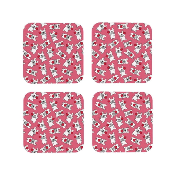 Picia French Bulldog Printed Leather Coasters for Drinks, 4" Drink Coasters Set of 4 for Tabletop Protection, Handmade Luxurious Home Décor and Housewarming Gift -Square