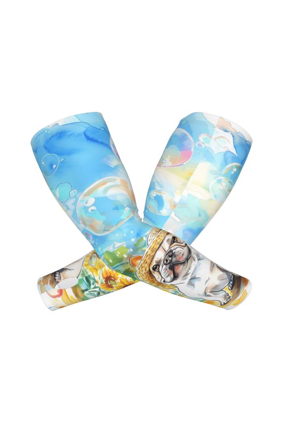 French Bulldog Sunflowers Bubbles Arm Sleeves for Men and Women - Tattoo Cover Up UPF 50+ Cooling Sports Sleeve for Basketball Golf Football-One Size