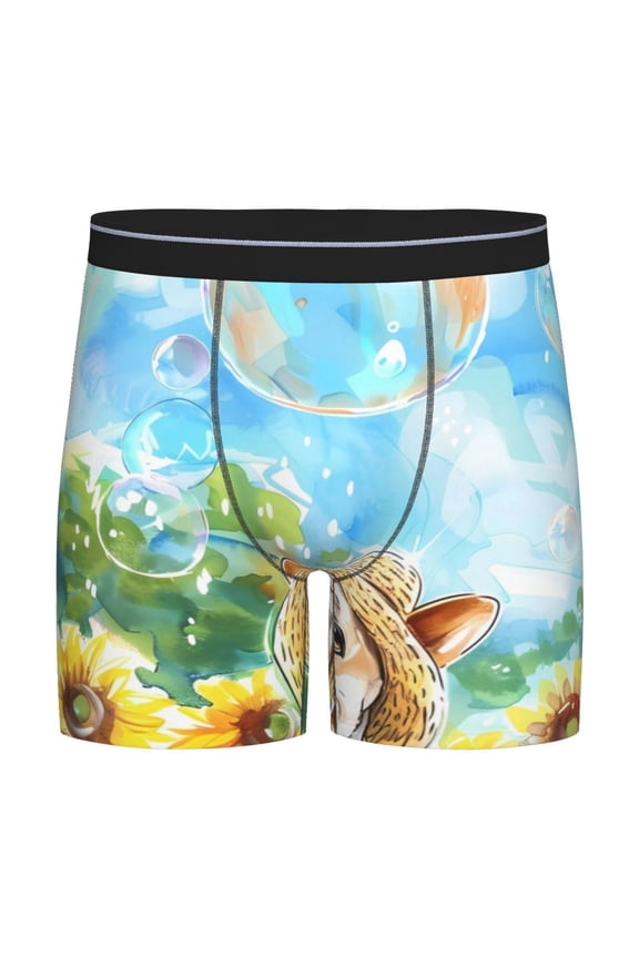 French Bulldog Sunflowers Bubbles Pattern Men's Athletic Long Leg Briefs , Performance Stretch Underwear,Moisture-Wicking