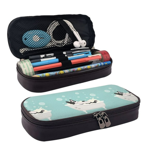 Picia French Bulldog Taking a Bath Pattern Large Capacity PU Leather Pencil Case Organizer Pen Marker Holder Double Zipper Storage Bag Big Pencil Pouch for College Office