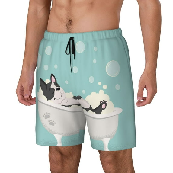 Picia French Bulldog Taking a Bath pattern Mens Swim Trunks with Compression Liner Stretch Beach Shorts Quick Dry with Zipper Pockets No-Chafing Board Shorts-XX-Large