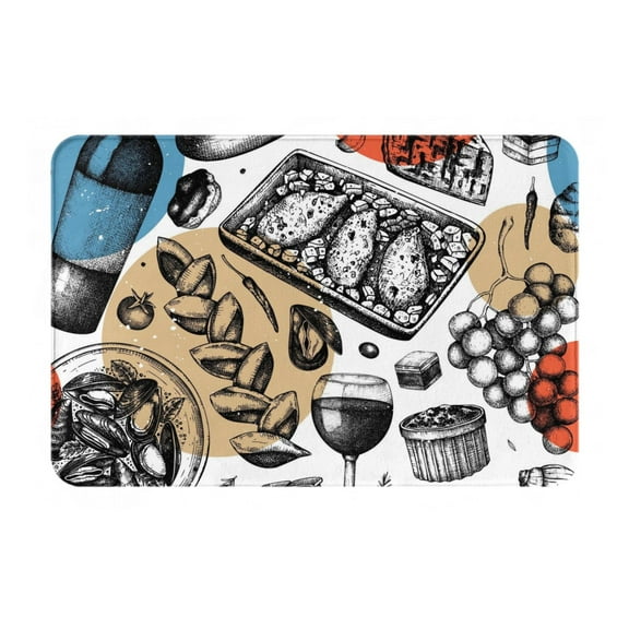Picia French Food Pattern Flannel Doormat  16x24 Inch Non-Slip Indoor Mat, Absorbent & Quick-Dry Rug for Entryway, Bathroom, Kitchen, and Bedroom, Machine Washable