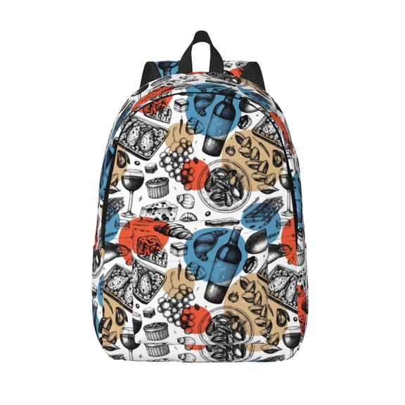 Picia French Food Printed Canvas Daypack - Stylish and Durable Vintage Compact Backpack - Class, Work, Travel, or Laptop Bookbag,Organized Compartments-Medium