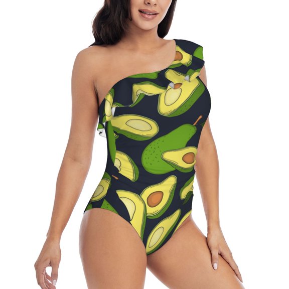 Picia Fresh Avocado Pattern Women's One Piece Swimsuits,One Shoulder Swimwear Asymmetric ,Ruffle Monokinis Bathing Suits,High Waisted Flattering Bathing Suits-