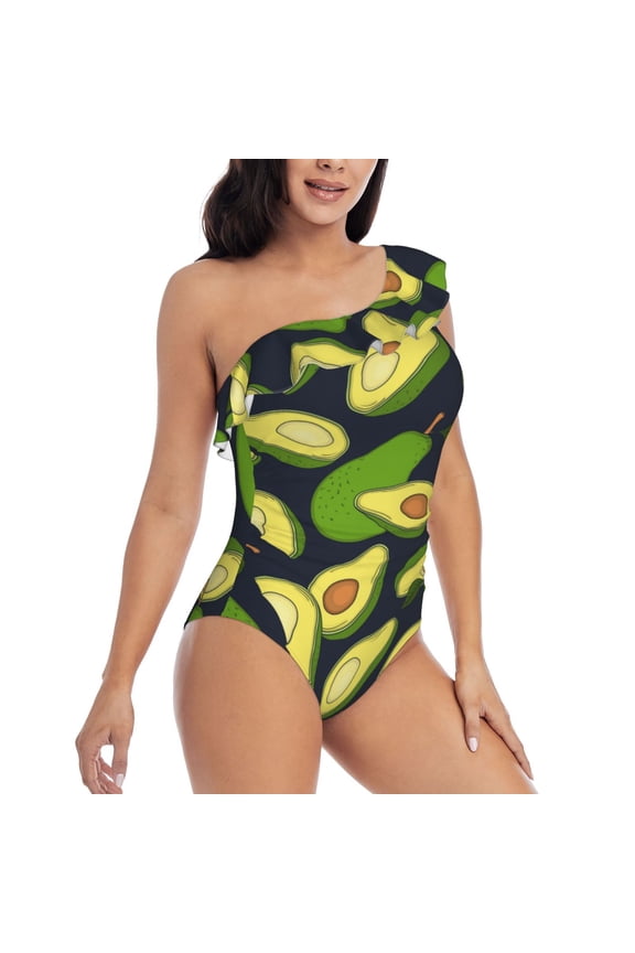 Fresh Avocado Pattern Women's One Piece Swimsuits,One Shoulder Swimwear Asymmetric ,Ruffle Monokinis Bathing Suits,High Waisted Flattering Bathing Suits-