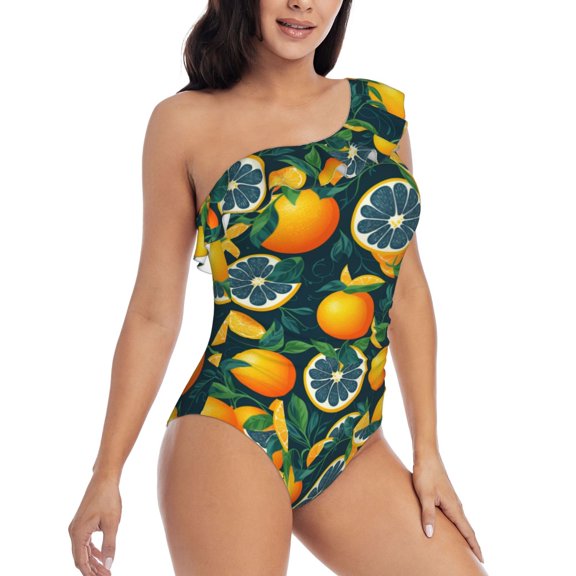 Picia Fresh Orange Pattern Women's One Piece Swimsuits,One Shoulder Swimwear Asymmetric ,Ruffle Monokinis Bathing Suits,High Waisted Flattering Bathing Suits-