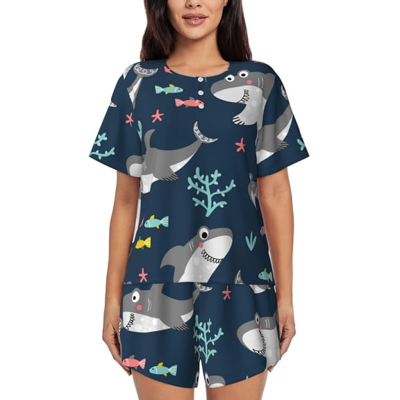 Picia Friendly Smiling Sharks Pajamas Sets for Women Soft Short-Sleeved Pjs with Lounge Shorts Two Piece Sleepwear-Large