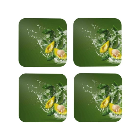 Picia Friut Avocado Printed Leather Coasters for Drinks, 4" Drink Coasters Set of 4 for Tabletop Protection, Handmade Luxurious Home Décor and Housewarming Gift -Square