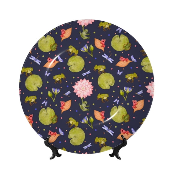 Picia Frog And Flowers Pattern Bone China Decorative Plate – Wall Decor with Stand and Adhesive, Elegant Ornament for Living Room, Office, or Entryway-7in