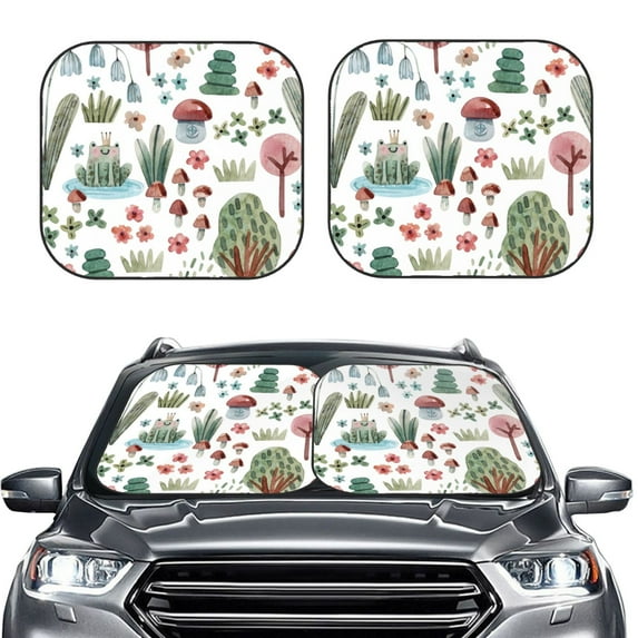 Picia Frog and Forest Plants 2 Piece Car Windshield Sun Shade Foldable | Foldable Sun Shield for Front Window Blocks UV Rays and Keeps Your Vehicle Cool-