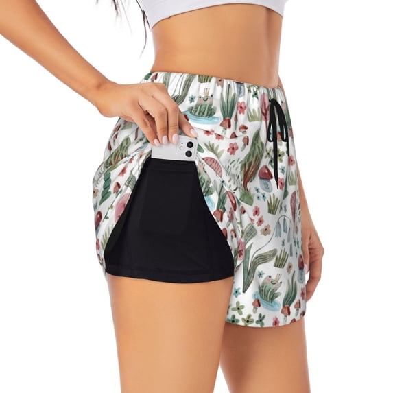 Picia Frog and Forest Plants Pattern Women's 2 in 1 Athletic Running Shorts High Waisted Workout Casual Gym Sweat Shorts with Comfy Liner Zipper Pockets-Large