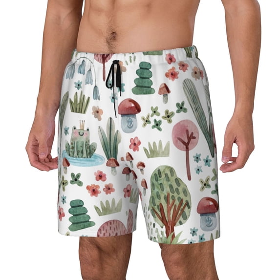 Picia Frog and Forest Plants pattern Mens Swim Trunks with Compression Liner Stretch Beach Shorts Quick Dry with Zipper Pockets No-Chafing Board Shorts-Medium