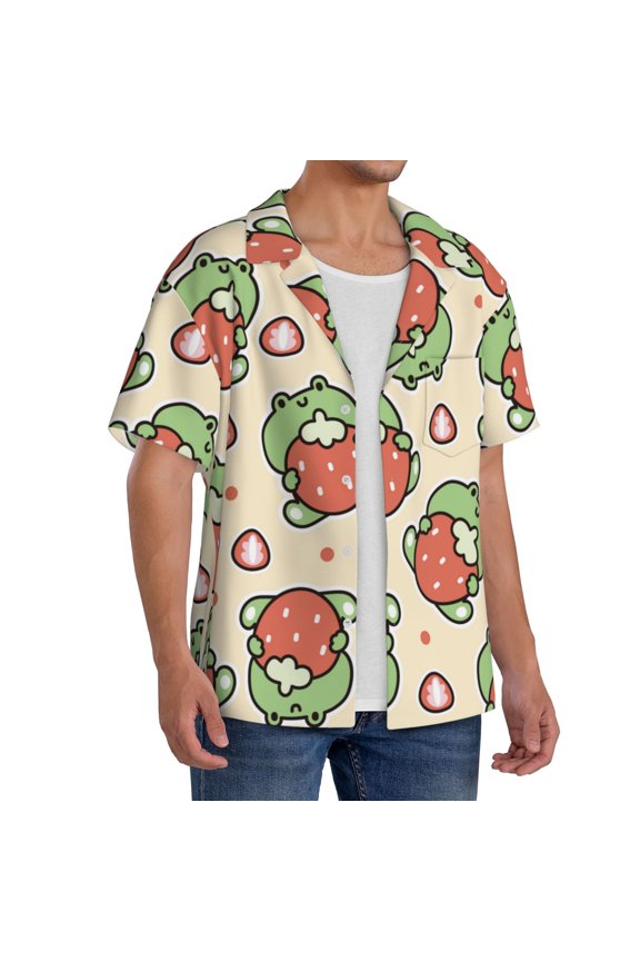 Frog Hold Strawberry Men's Linen Shirts Short Sleeve Cuban Beach Shirts Casual Shirts Button Down Shirt for Men Beach Summer Wedding Shirt-